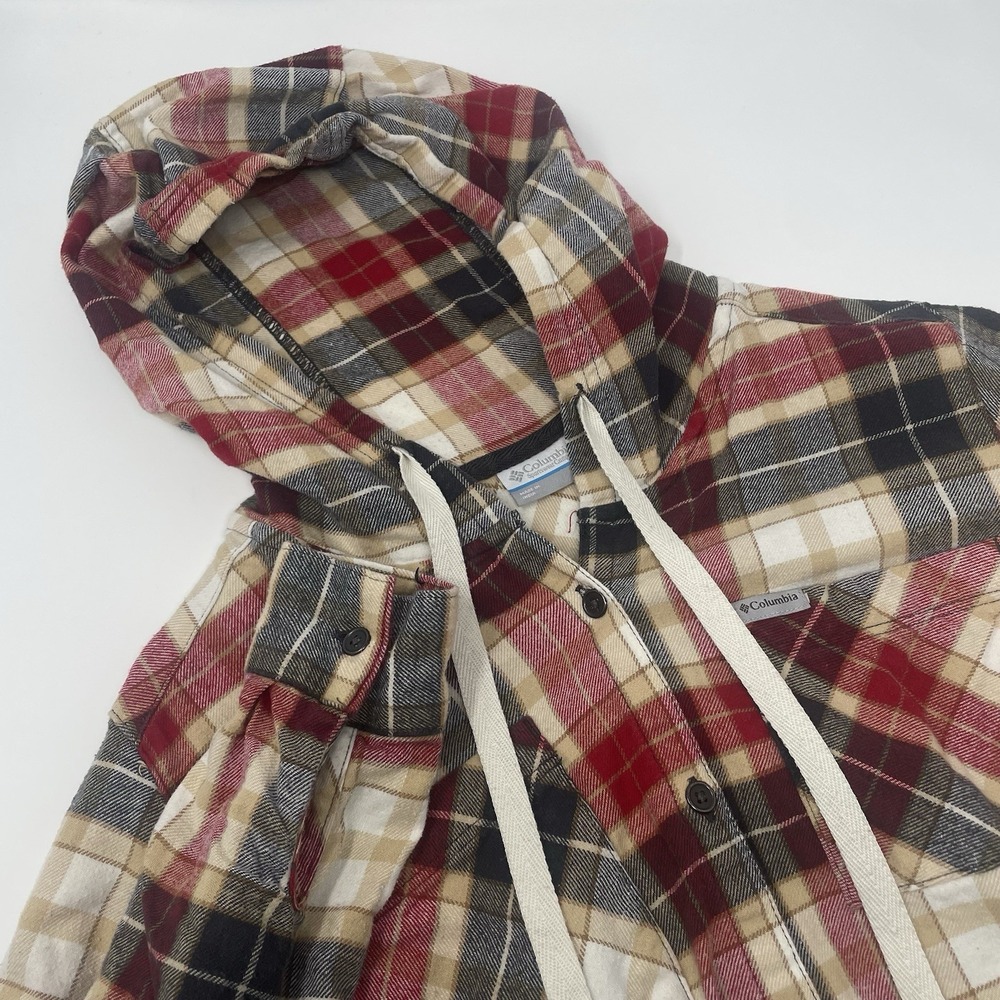Woman's Columbia Plaid Flannel Western Style Hoodie W/Rolled Sleeves Red Size XS